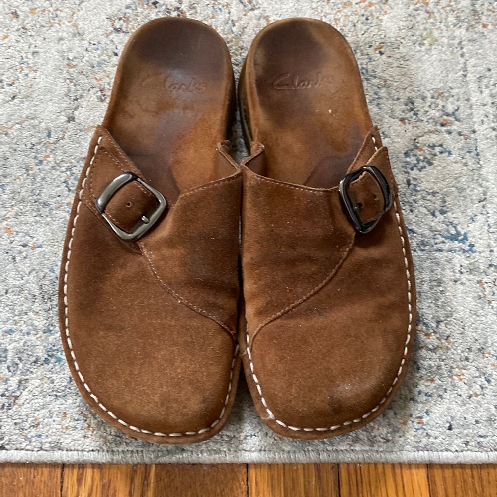 Clarks, Tan Suede Mules